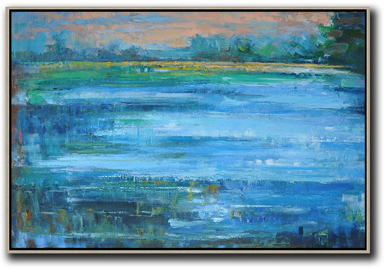 Large Abstract Painting Canvas Art,Horizontal Abstract Landscape Oil Painting On Canvas,Modern Canvas Art,Nude,Light Blue,Green,Yellow.etc
